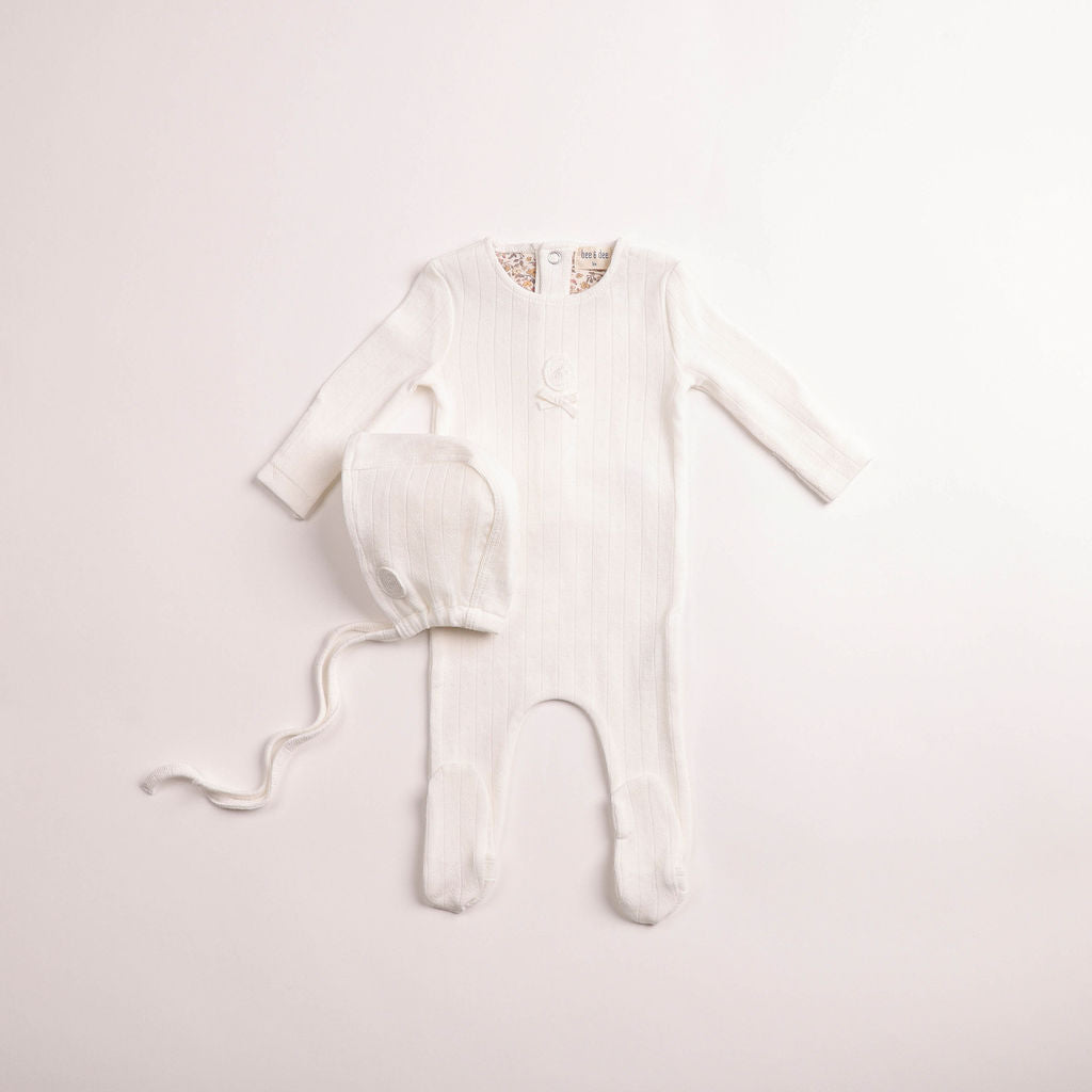 Bee & Dee Sweet Classic Pointelle Footie & Beanie - Linen Girls