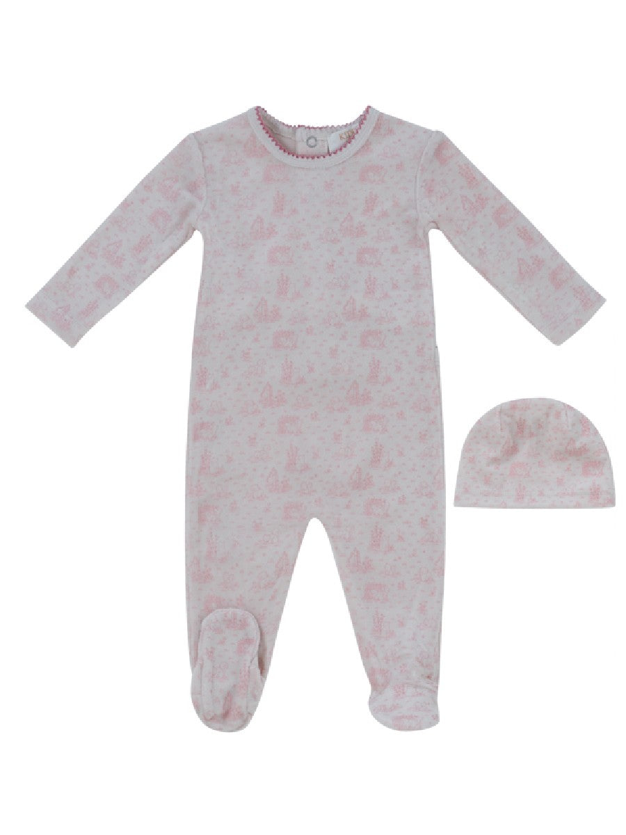 Kipp Woodland Toile Footie & Hat - Rose