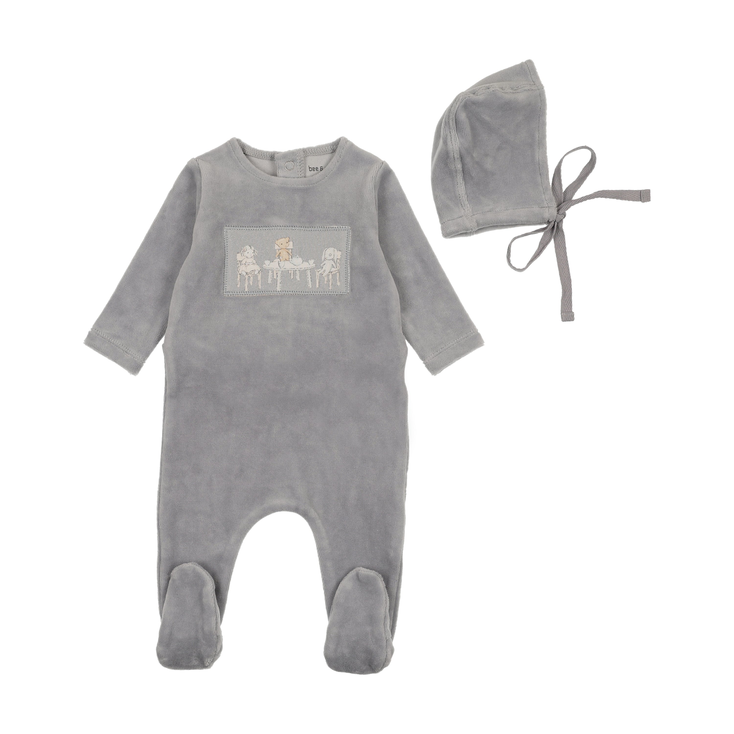 Bee & Dee Tea Time Velour Footie & Beanie- Dusty Blue