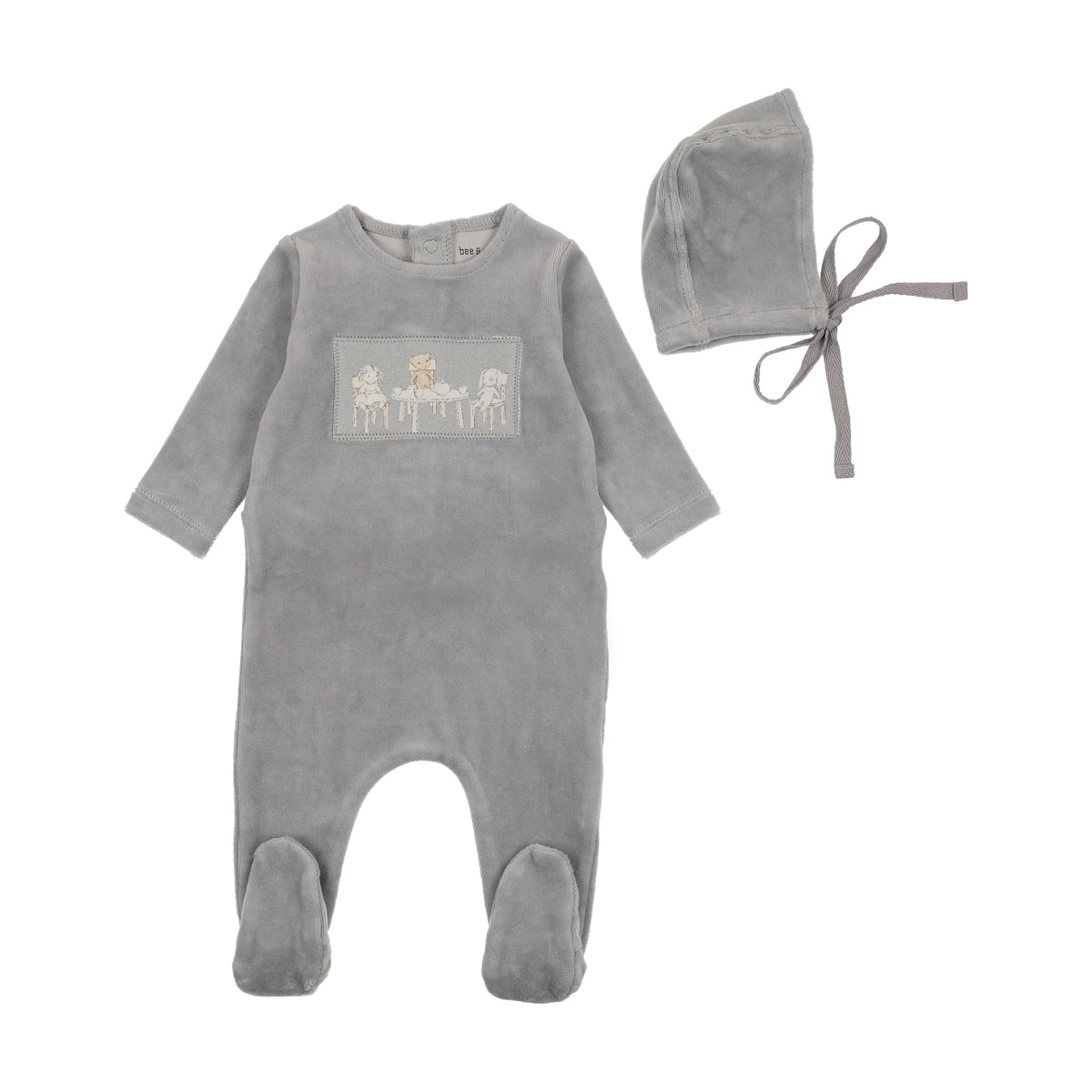 Bee & Dee Tea Time Velour Footie & Beanie- Dusty Blue