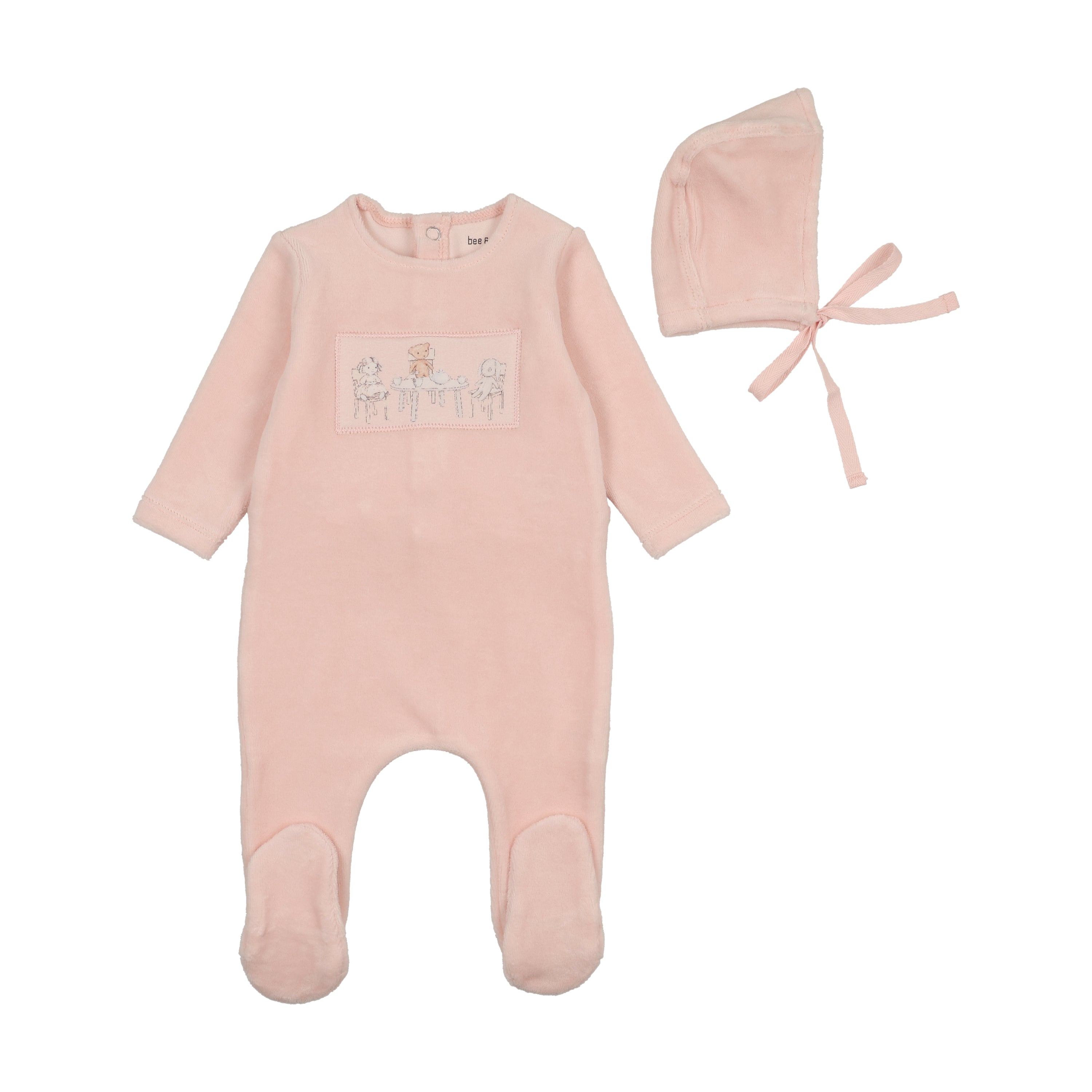 Bee & Dee Tea Time Velour Footie & Beanie- Pale Pink