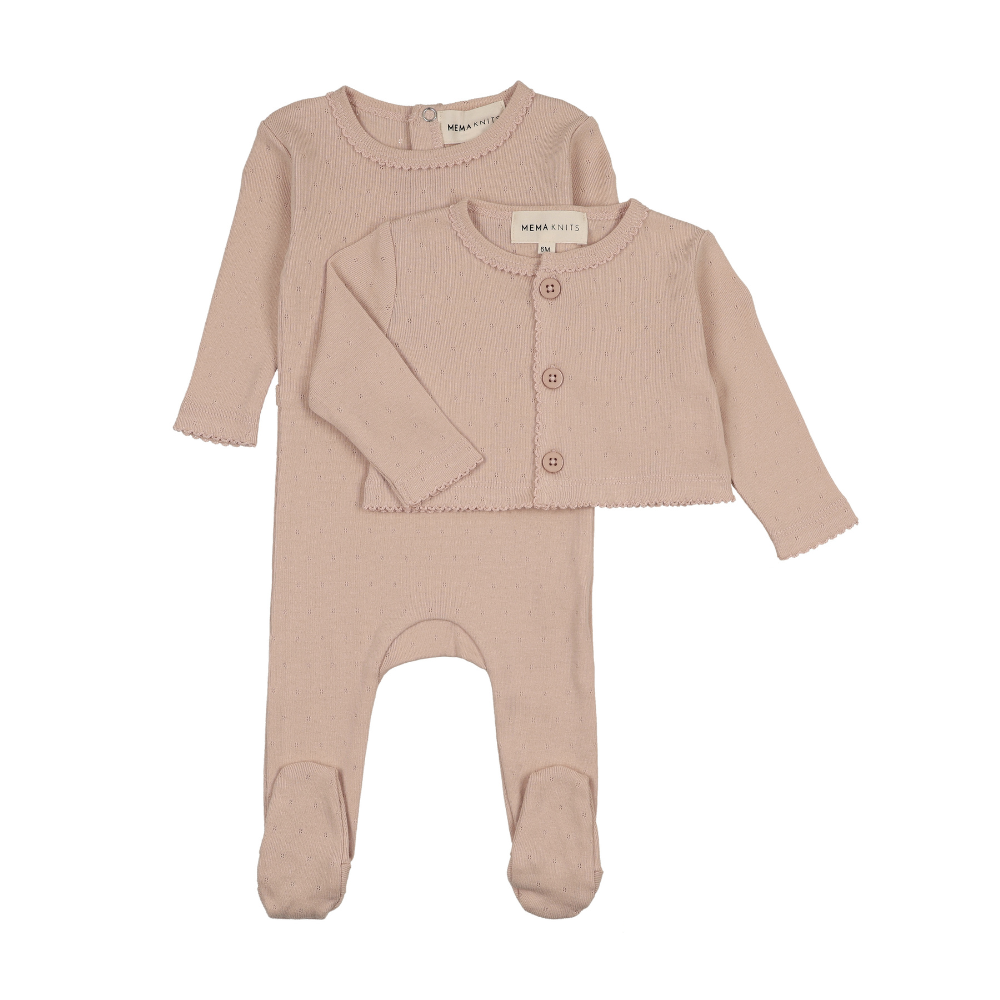 Mema Knits Pointelle Footie & Cardigan - Deep Pink