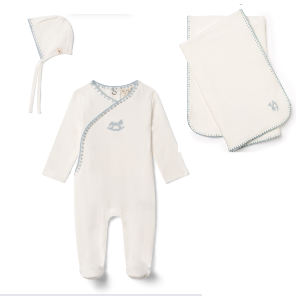 Bebe Bella Fake Wrap Rocking Horse Embroidery Layette Set - Cream