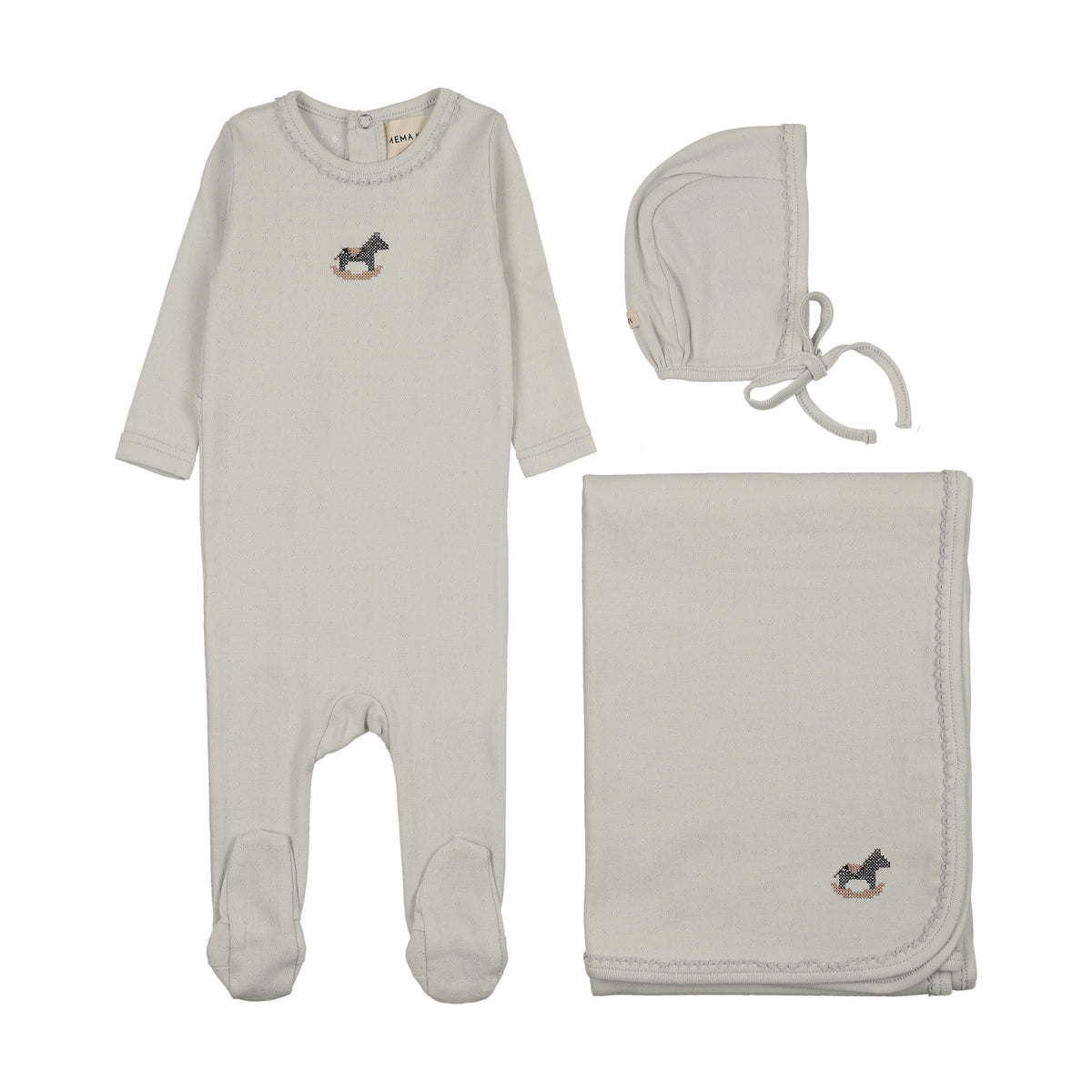 Mema Knits Pointelle Horse Rocker Layette Set - Ice Blue
