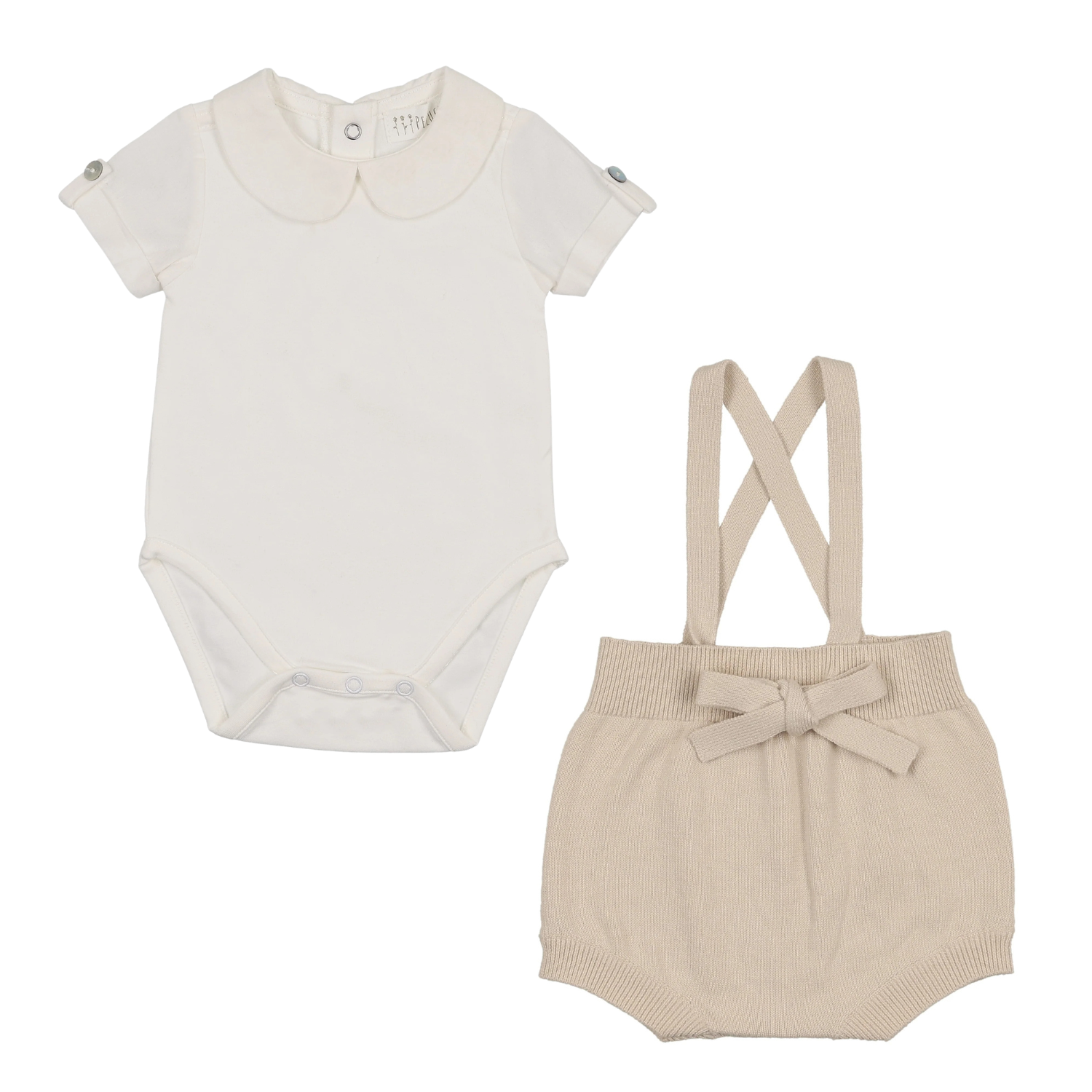 Peluche Knit Suspender Bloomers & Rollover Onesie - Stone