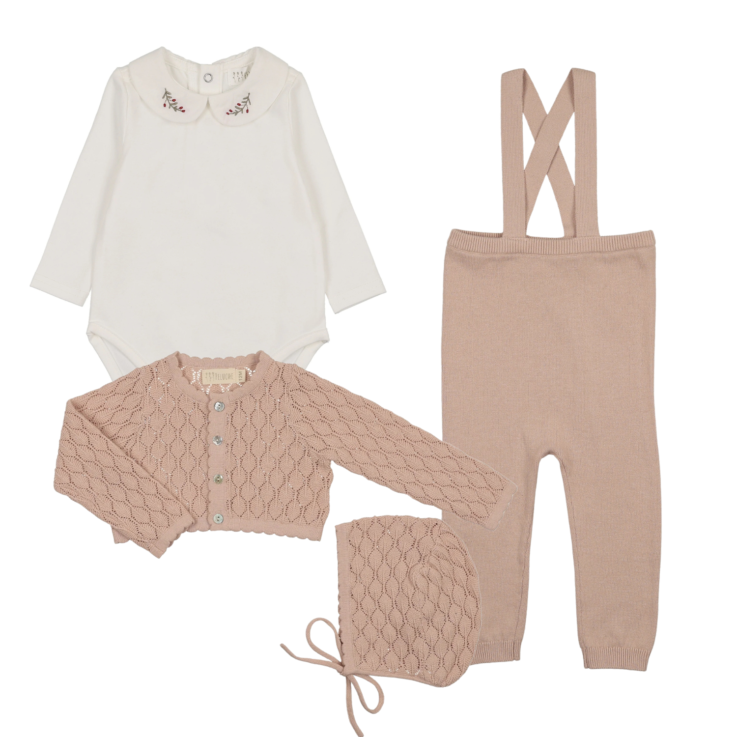 Peluche Knit Suspender Leggings, Emb Onesie & Cardigan - Rose