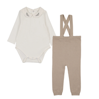 Peluche Knit Suspender Leggings & Emb Onesie - Taupe