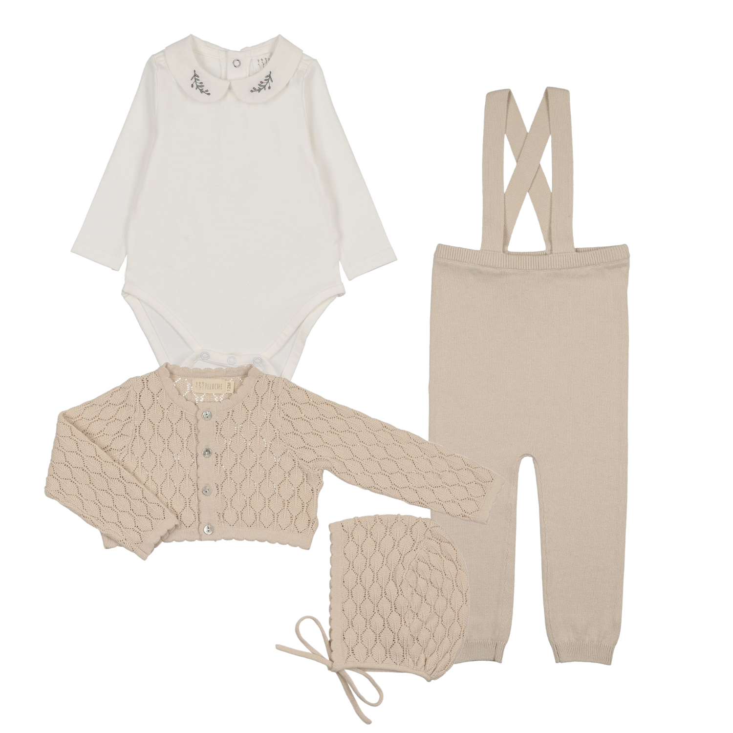 Peluche Knit Suspender Leggings, Emb Onesie & Cardigan - Stone