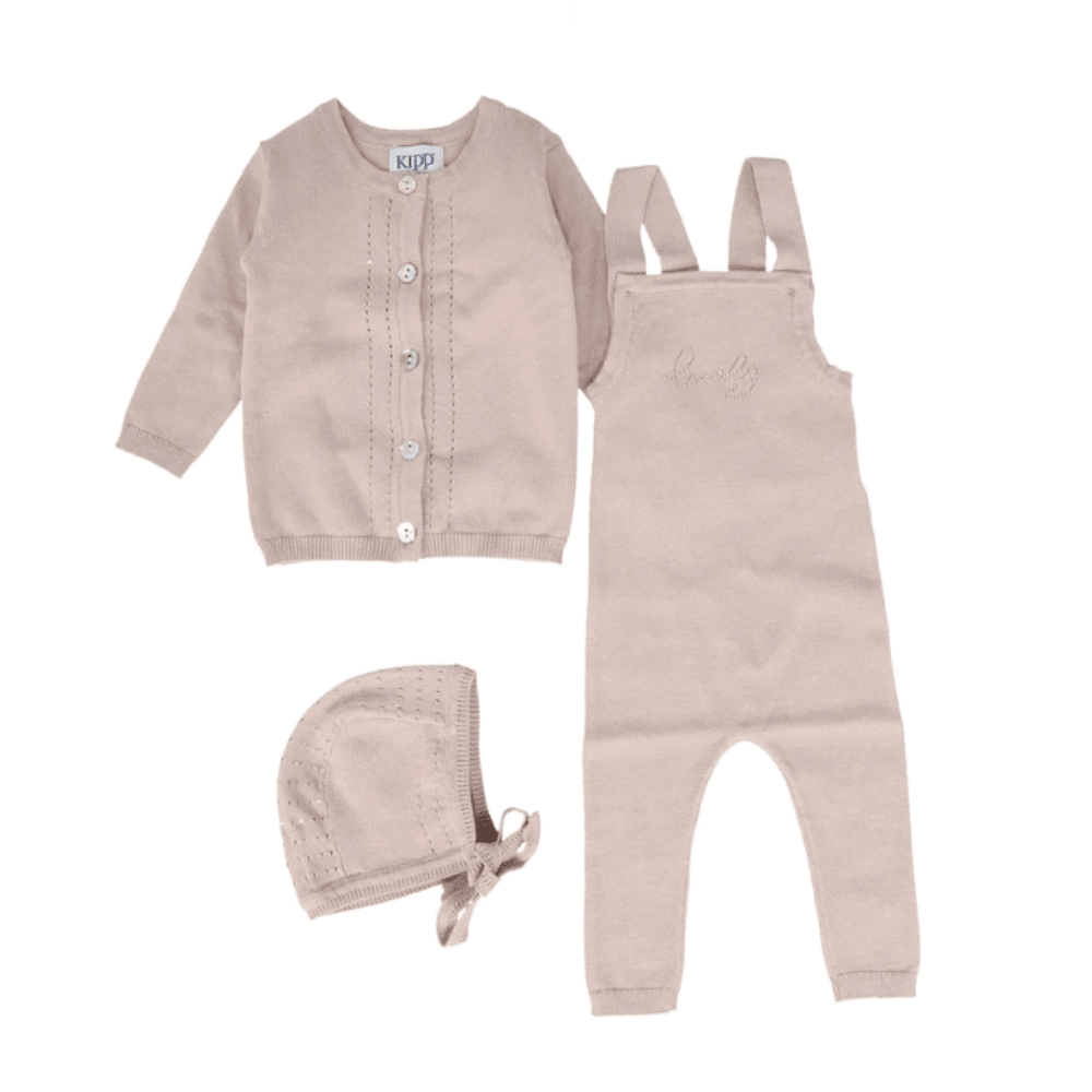 Kipp Lovely Knit Overalls, Cardigan, & Bonnet Set