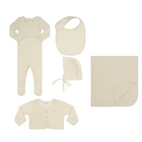 Little Parni Ribbed Footie, Velour Cardigan, Bib & Hat Layette Set