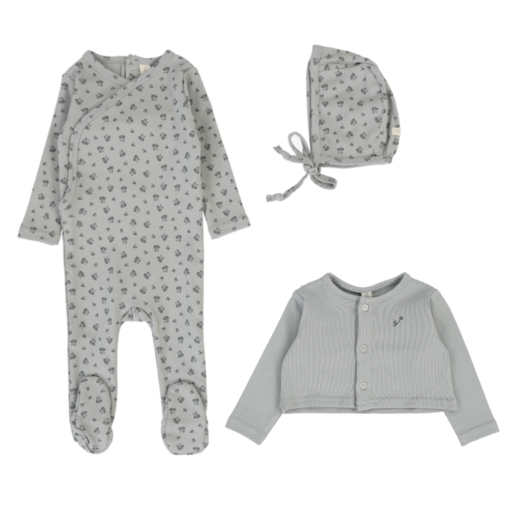 Lilette Embroidered Bud Footie, Cardigan & Bonnet - Light Blue