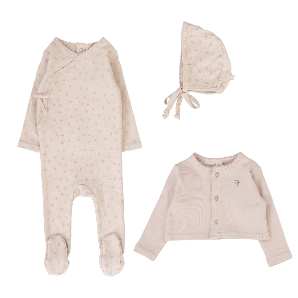 Lilette Embroidered Bud Footie, Cardigan & Bonnet - Soft Pink