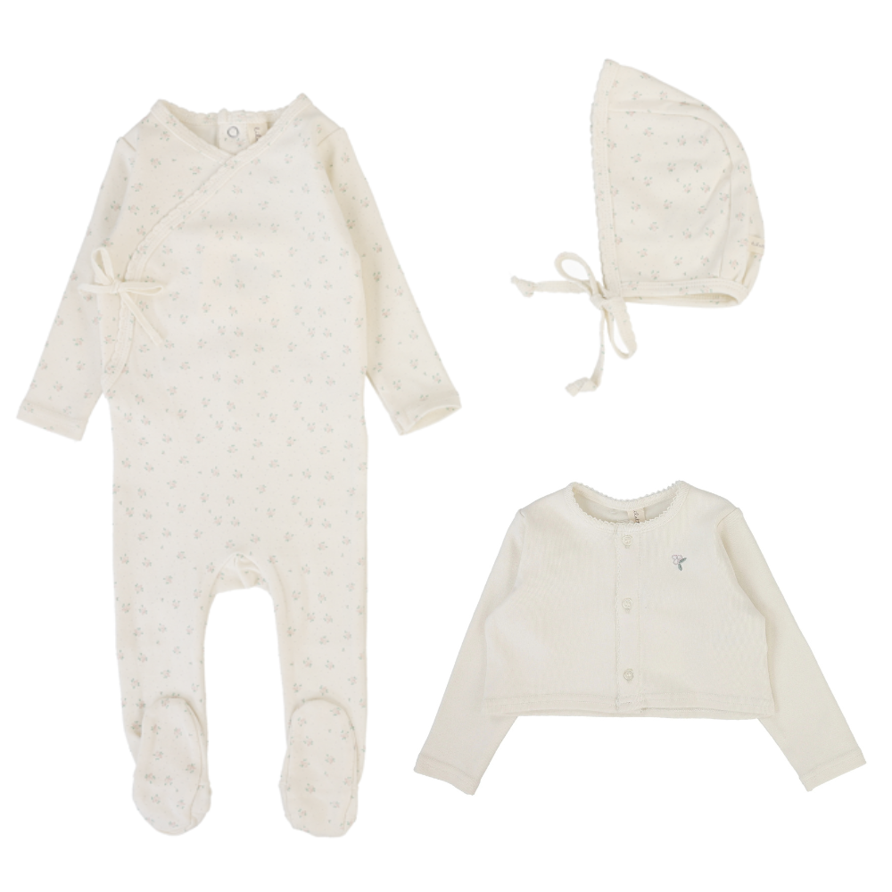 Lilette Embroidered Bud Footie, Cardigan & Bonnet - Cream/Pink