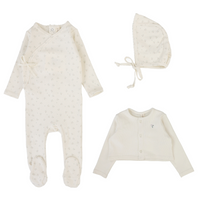 Lilette Embroidered Bud Footie, Cardigan & Bonnet - Cream/Pink