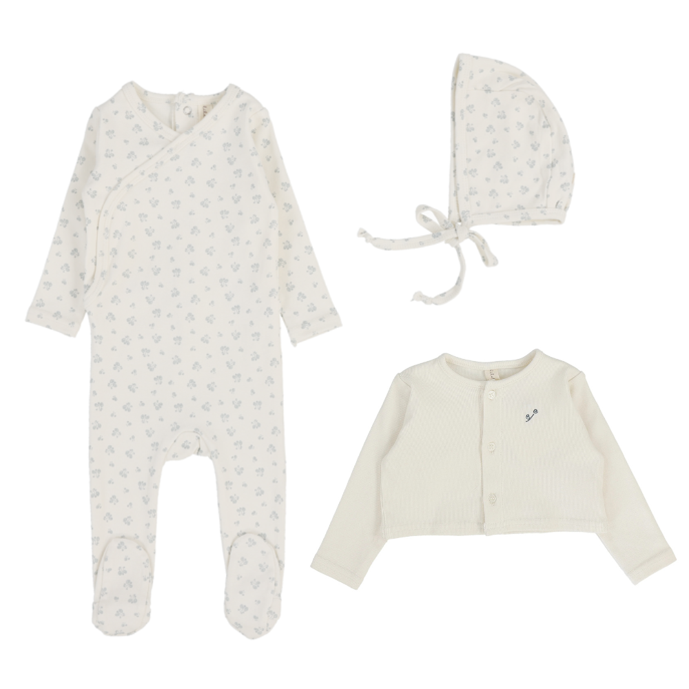 Lilette Embroidered Bud Footie, Cardigan & Bonnet - Cream/Blue