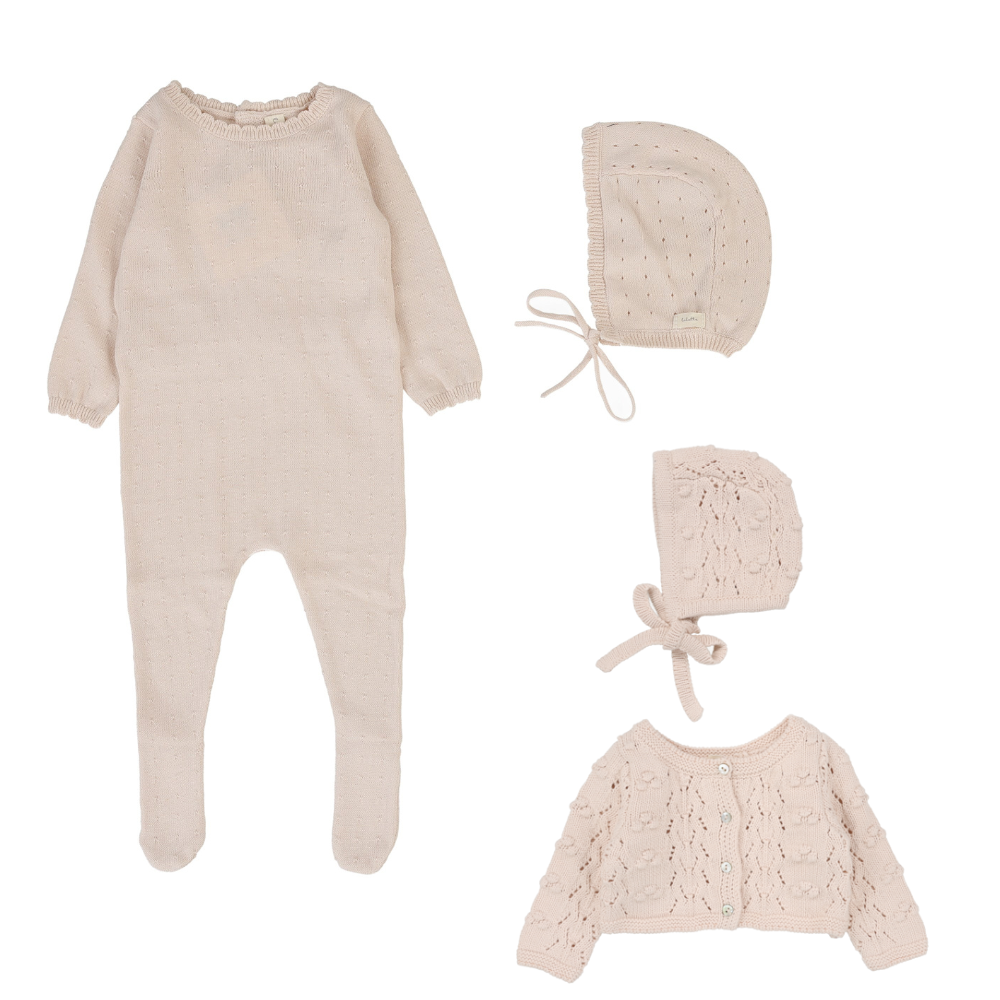 Lilette Dotty Knit Footie & Bonnet W Popcorn Cardigan & Bonnet - Petal