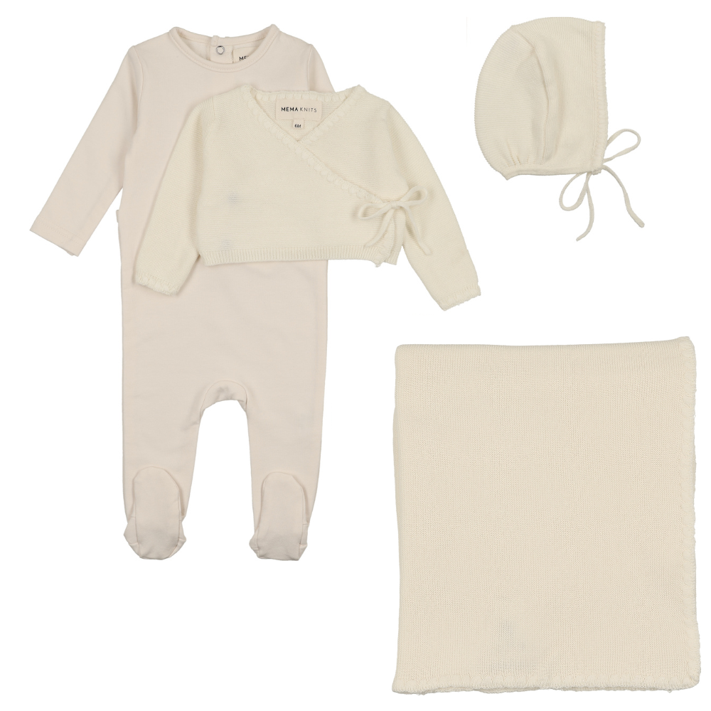 Mema Knits Embroidered Edge Knit Footie, Sweater & Bonnet W Blanket- Ivory