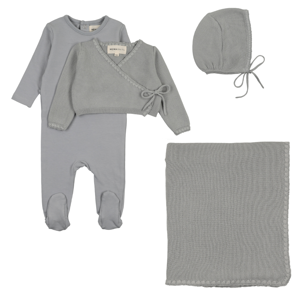 Mema Knits Embroidered Edge Knit Footie, Sweater & Bonnet W Blanket- Windy Blue