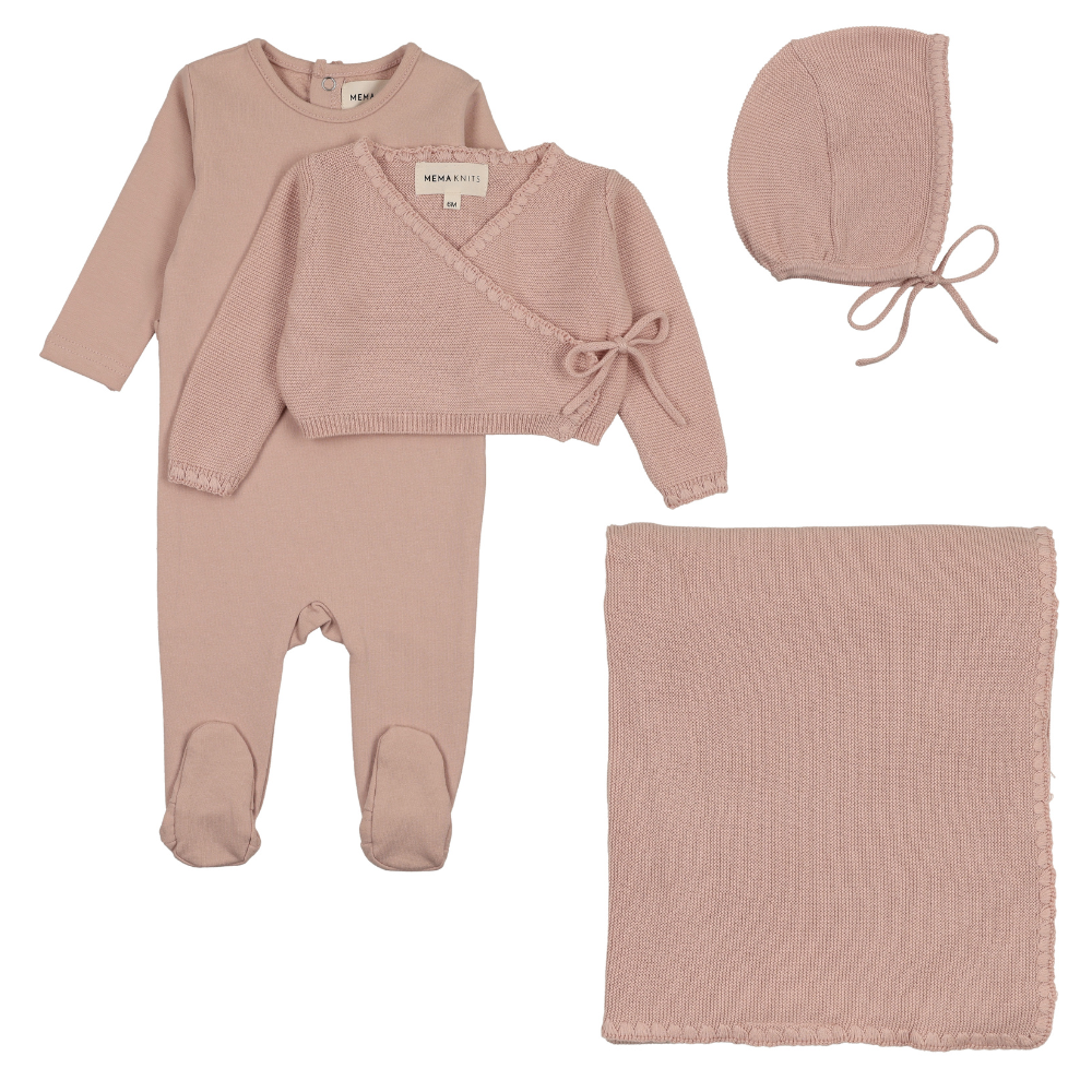 Mema Knits Embroidered Edge Knit Footie, Sweater & Bonnet W Blanket- Pale Pink