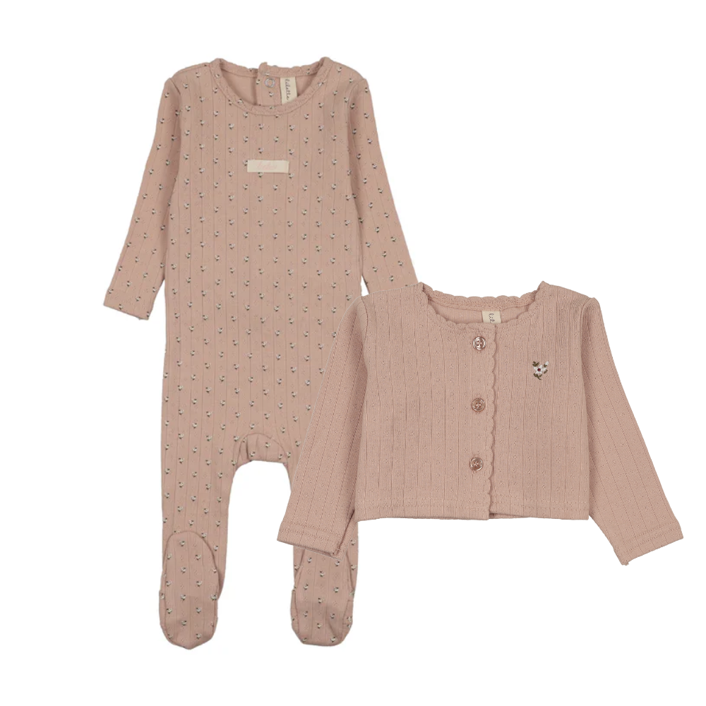 Lilette Floret Print Footie & Cardigan - Dusty Pink
