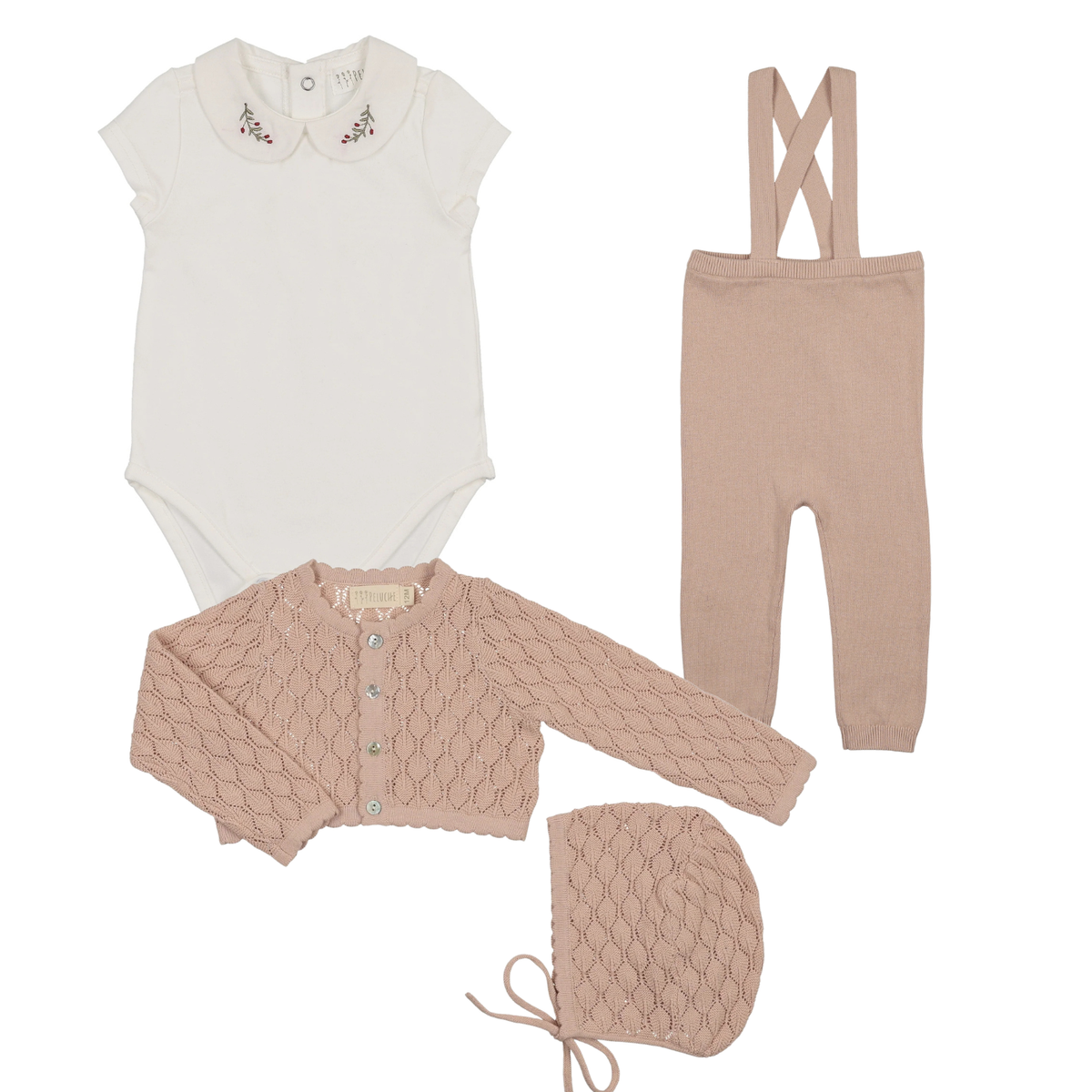 Peluche Knit Suspender Leggings, Emb SS Onesie & Cardigan - Rose