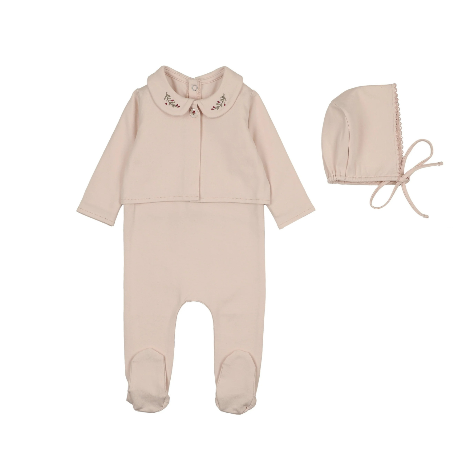 Peluche Embroidered Collar Footie, Cardigan & Bonnet -Pink/Berry