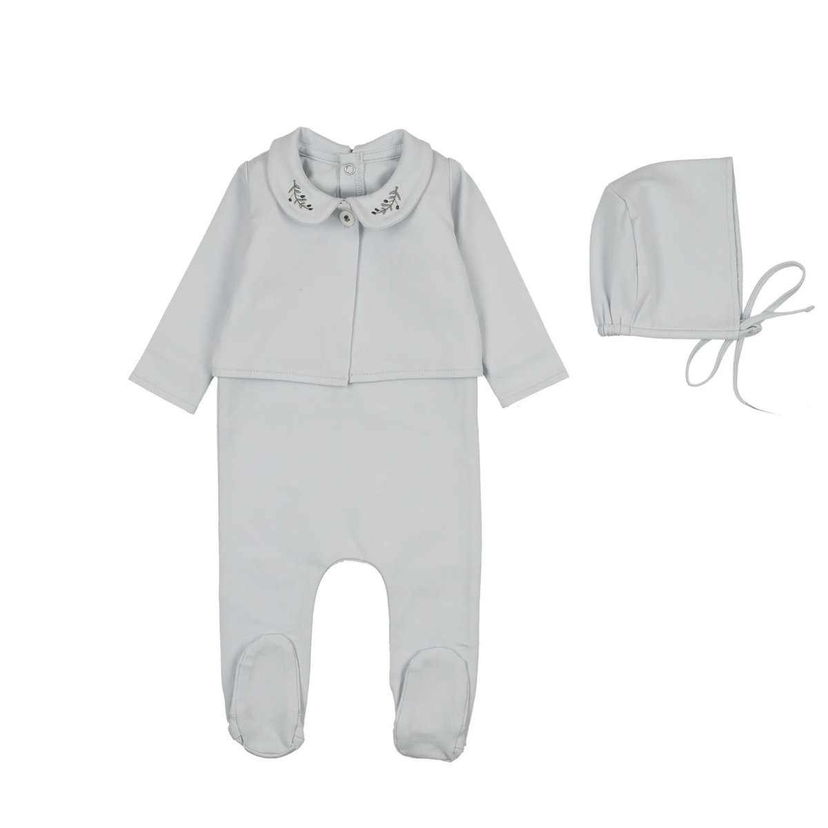 Peluche Embroidered Collar Footie, Cardigan & Bonnet -Blue/Blueberry