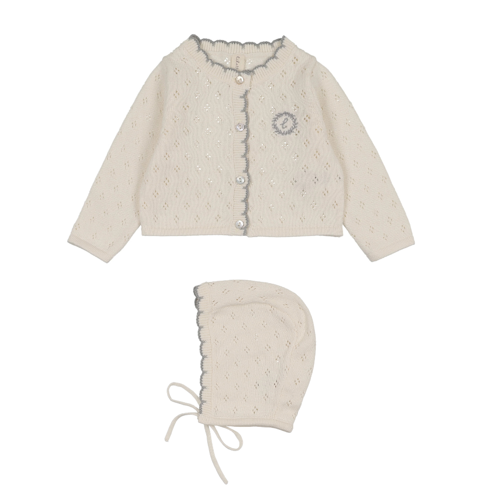 Lilette Diamond Pointelle Cardigan & Bonnet - Cream/Blue