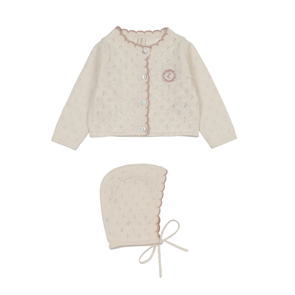 Lilette Diamond Pointelle Cardigan & Bonnet - Cream/Pink