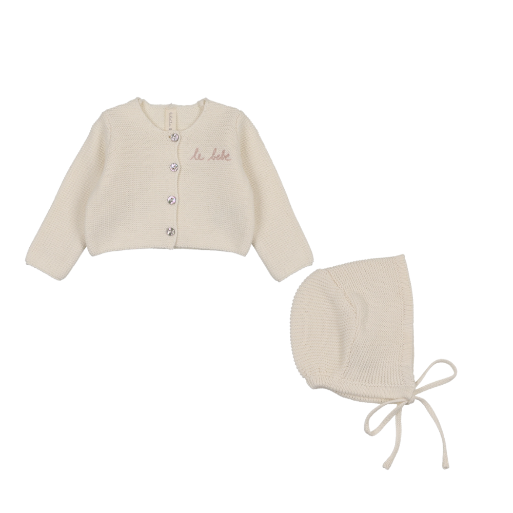 Lilette Le Bebe Knit Cardigan & Bonnet - Cream/Pink