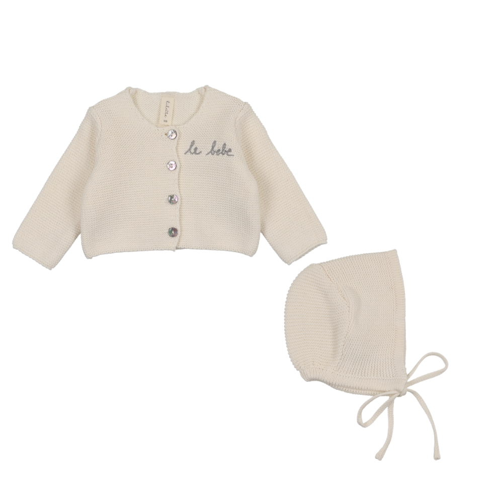 Lilette Le Bebe Knit Cardigan & Bonnet - Cream/Blue