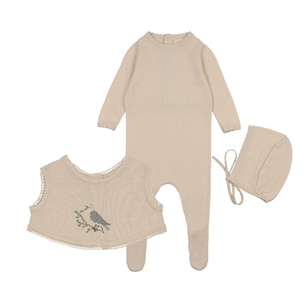 Peluche Signature Knit Footie, Bonnet & Vest - Stone