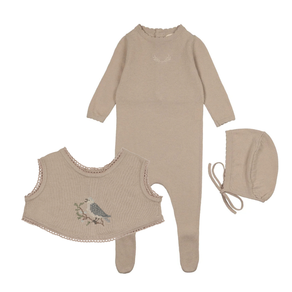 Peluche Signature Knit Footie, Bonnet & Vest - Taupe