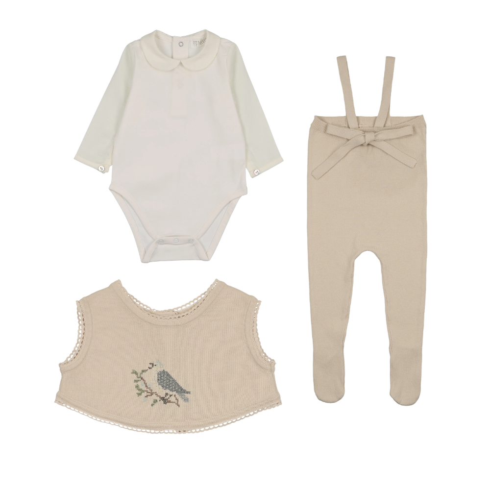 Peluche Button Onesie, Tied Overalls & Bird Vest - Stone