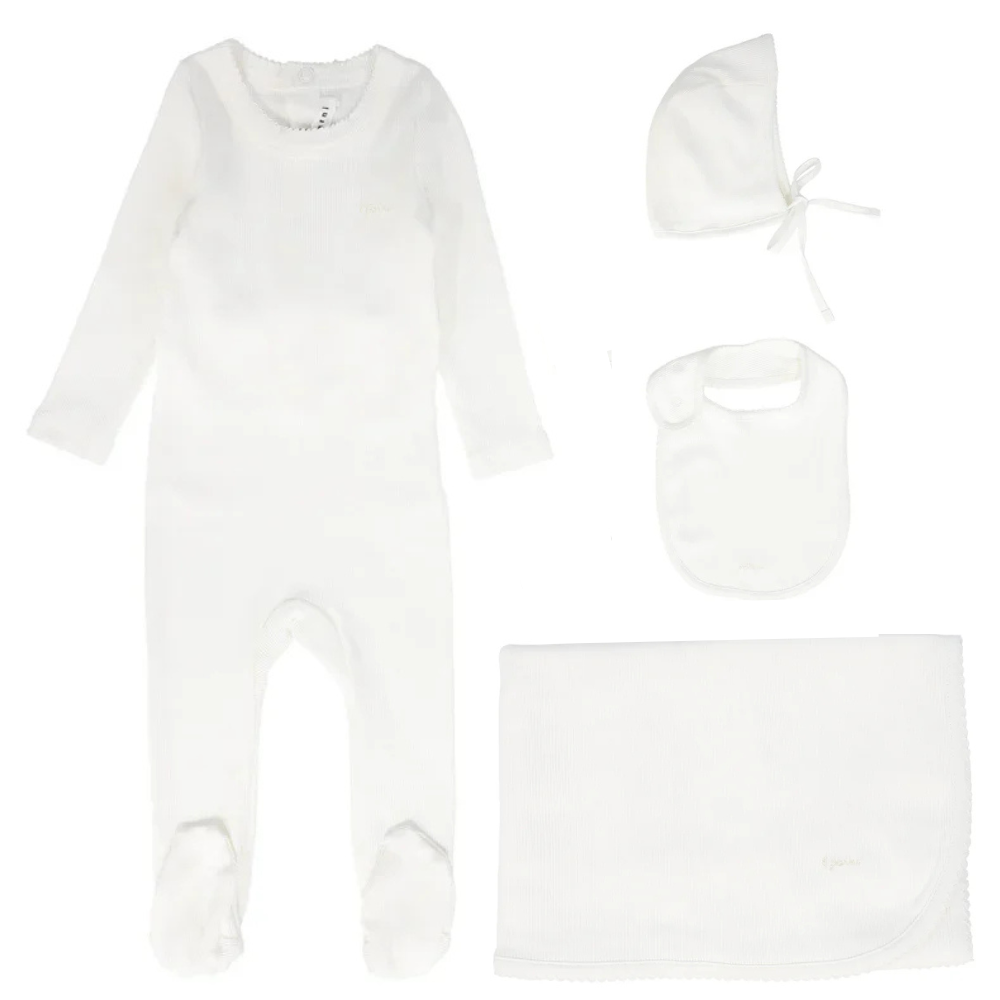 Little Parni Ribbed Pico Footie,Bonnet & Bib Layette Set-Ivory