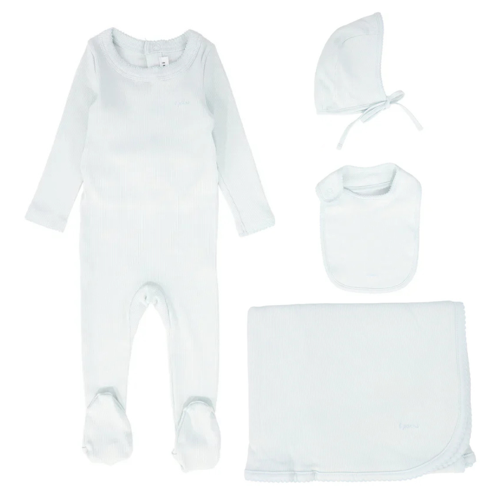 Little Parni Ribbed Pico Footie,Bonnet & Bib Layette Set- Light Blue