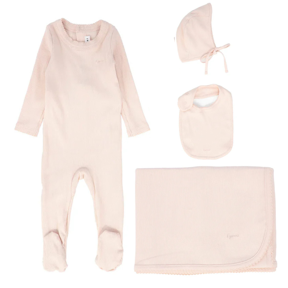 Little Parni Ribbed Pico Footie,Bonnet & Bib Layette Set-Pink