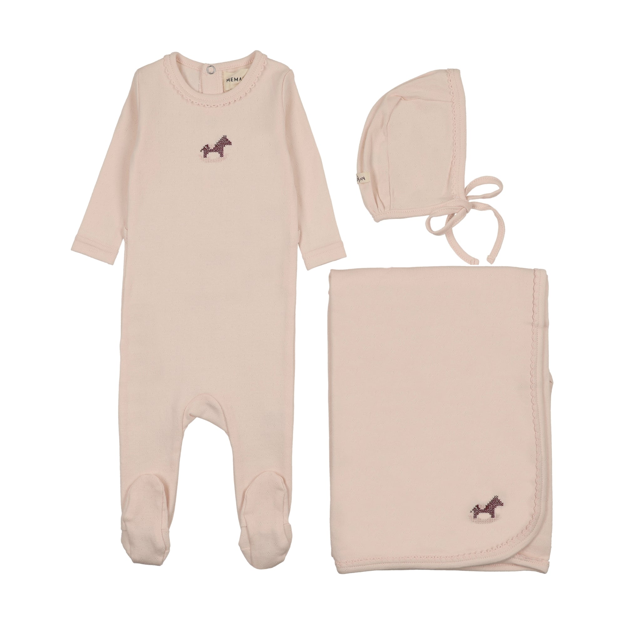 Mema Knits Pointelle Horse Rocker Layette Set - Baby Blush