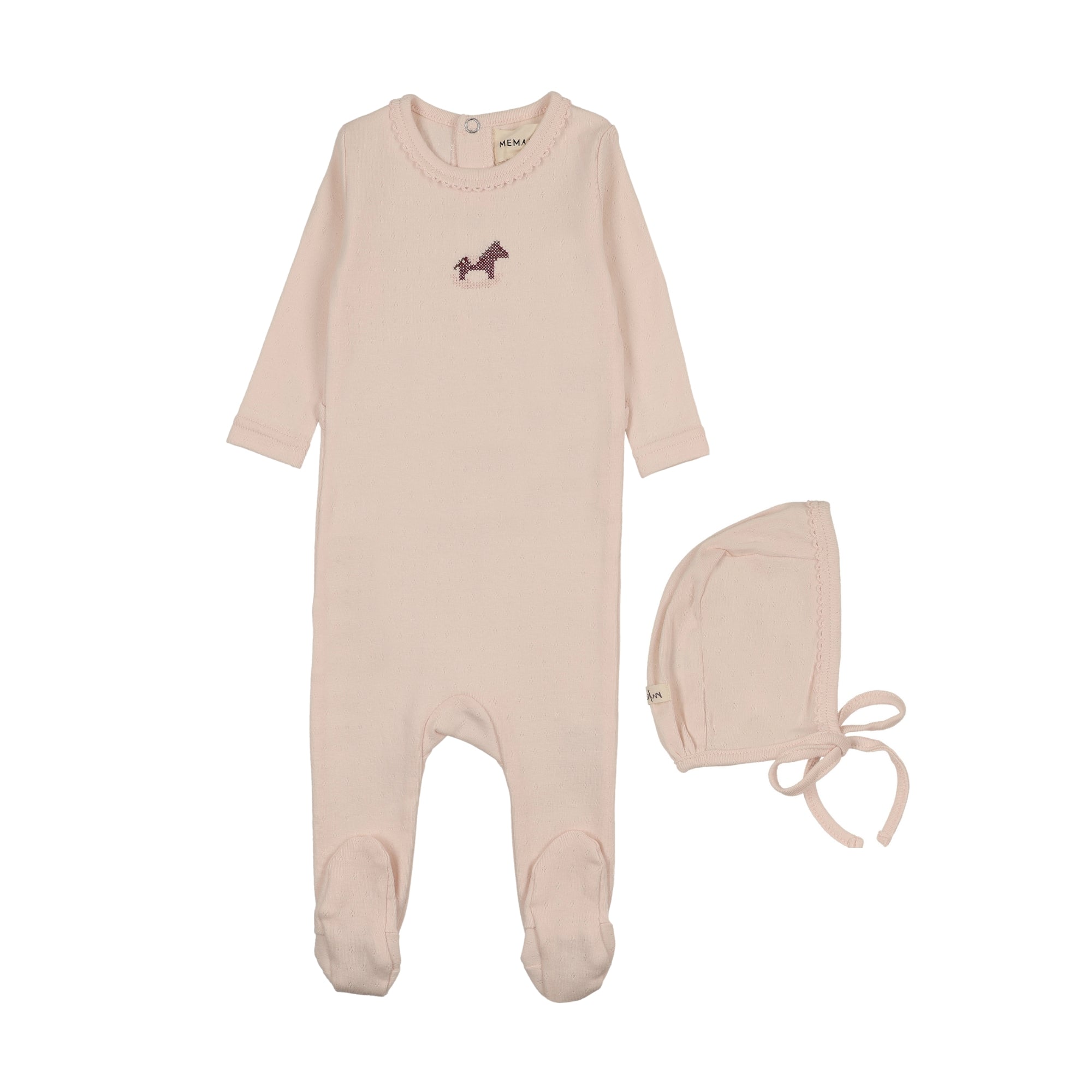 Mema Knits Pointelle Horse Rocker Footie & Hat - Baby Blush