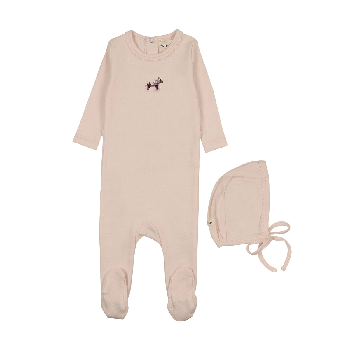 Mema Knits Pointelle Horse Rocker Footie & Hat - Baby Blush