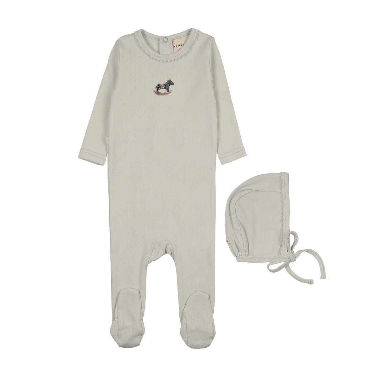 Mema Knits Pointelle Horse Rocker Footie & Hat - Ice Blue