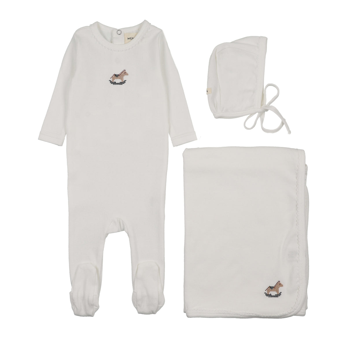 Mema Knits Pointelle Horse Rocker Layette Set - Winter White