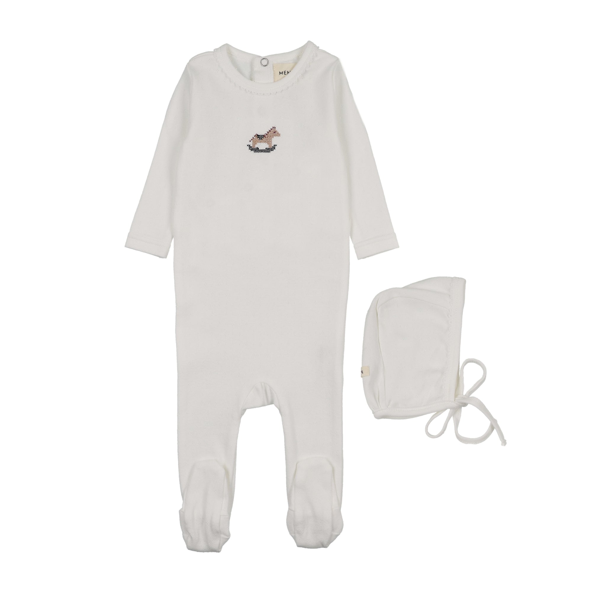 Mema Knits Pointelle Horse Rocker Footie & Hat - Winter White