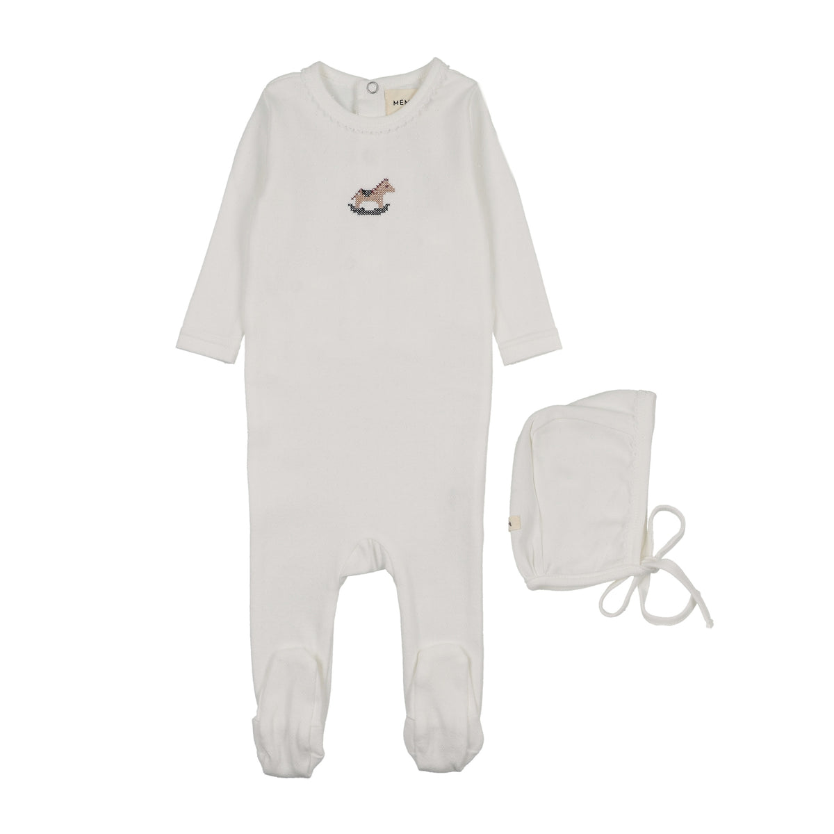 Mema Knits Pointelle Horse Rocker Footie & Hat - Winter White