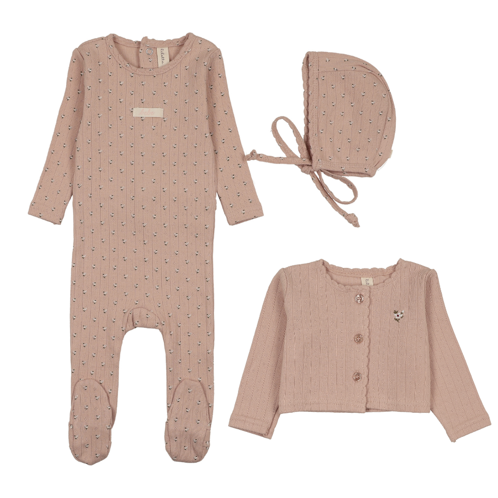 Lilette Floret Print Footie, Bonnet & Cardigan - Dusty Pink
