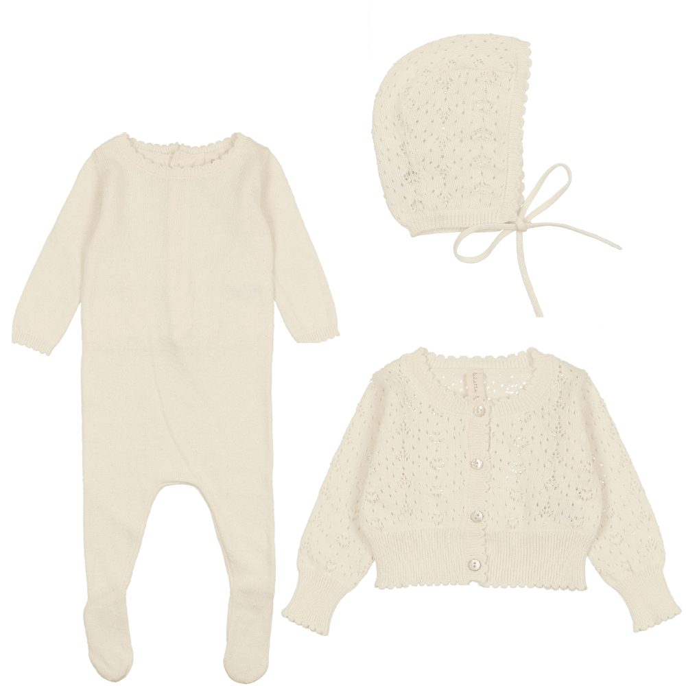 Lilette Heart Knit Footie, Cardigan and Bonnet Set