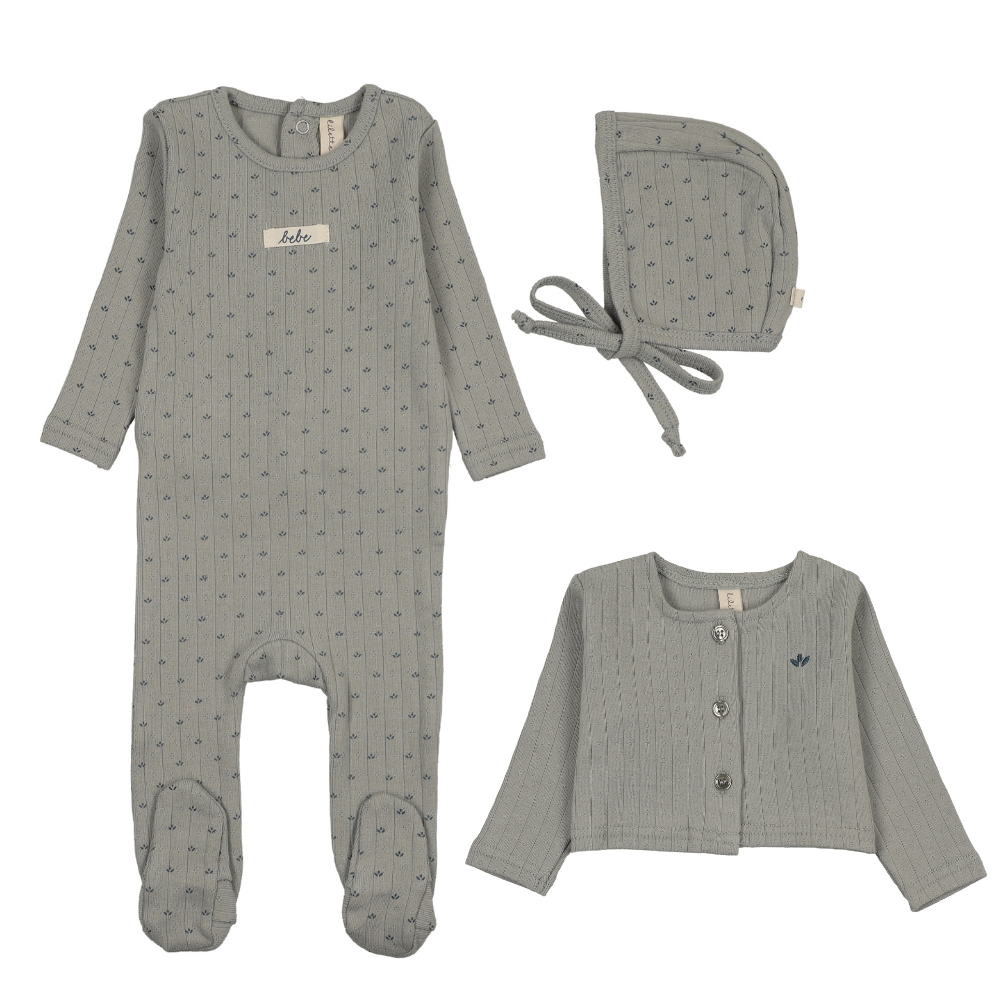 Lilette Floret Print Footie, Bonnet & Cardigan - Light Blue