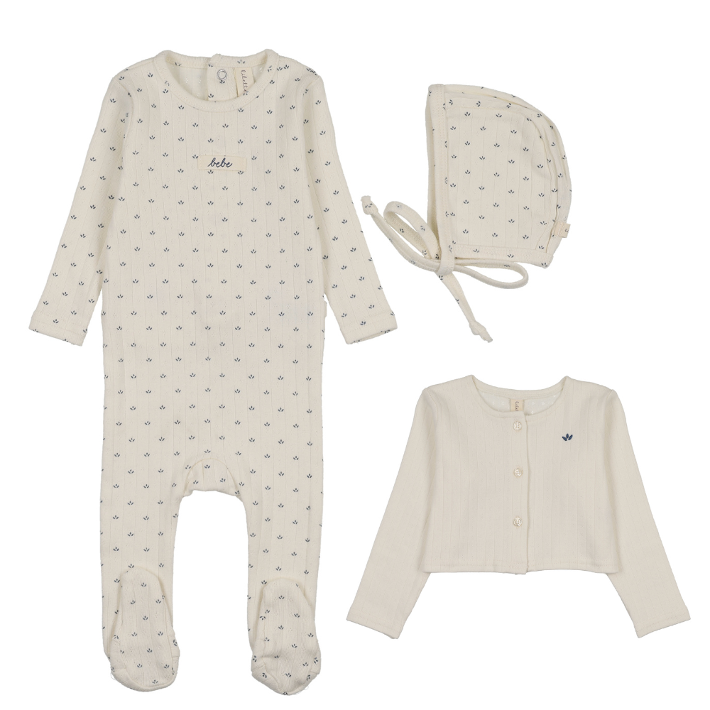 Lilette Floret Print Footie, Bonnet & Cardigan - Cream/Blue