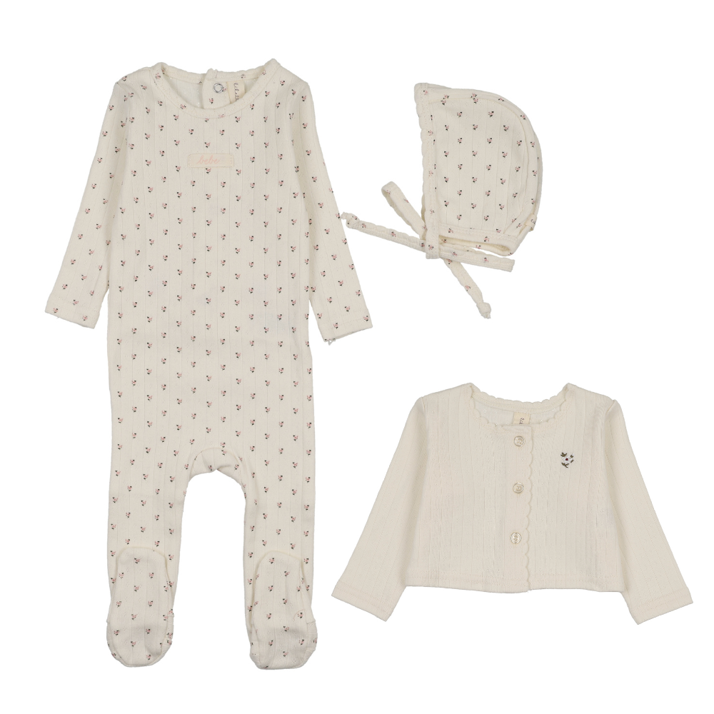 Lilette Floret Print Footie, Bonnet & Cardigan - Cream/Pink
