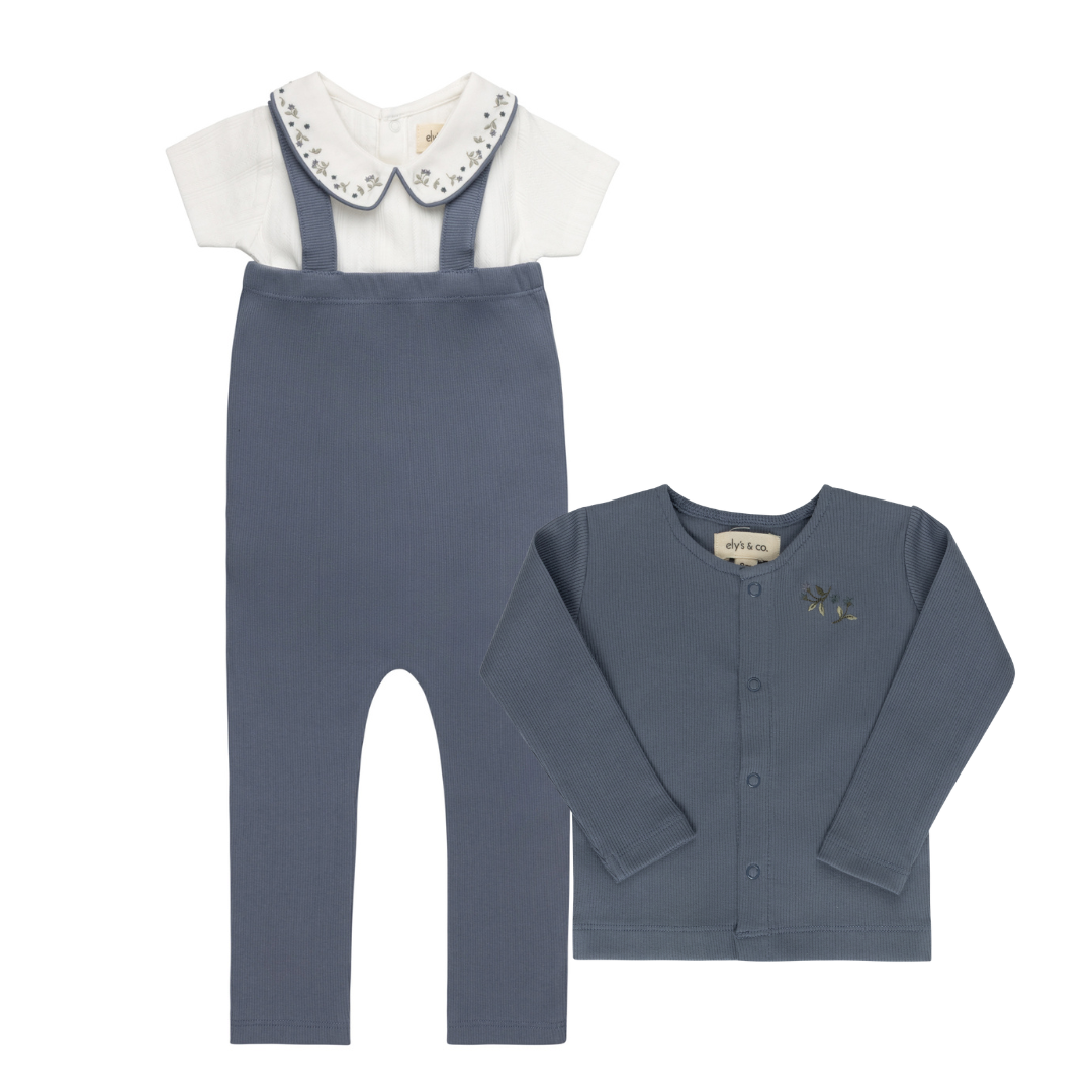 Elys & Co Floral Embroidered Collar Onesie, Overalls & Cardigan - Ivory/Blue